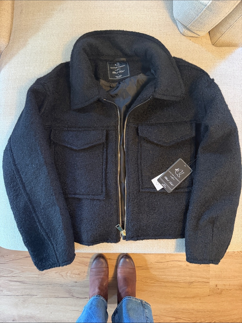 NWT Black Teddy Bomber Jacket with Gold Hardware
